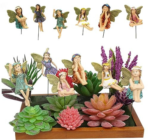 Figuras de hadas de flores con estaca, 6 piezas/juego de simulación en miniatura, lindas estatuas decorativas de resina de dibujos animados, adorno para maceta, jardín, bonsái, mini figuras de hadas e