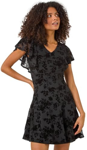 Roman Floral Print Angel Sleeve Mini Dress for Women UK - Ladies Autumn Everyday Winter Holiday V-Neckline Comfy Knee Length Soft Fit & Flare Frock Dinner Date Gowns - Black - Size 8