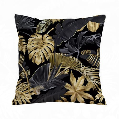 ERRTU Kissenbezug 40x40 cm,mit goldenen und schwarzen tropischen Blättern auf dunklem Hintergrund.,Dekokissen Kissenbezüge Deko Kissen Bezug Wohnzimmer Zierkissen für Sofa Stuhl Bett Garten