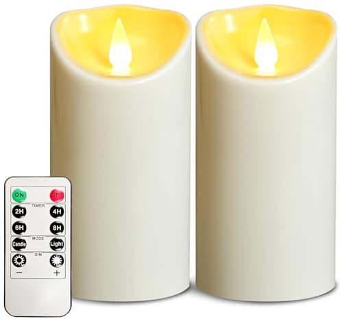 OSHINE Outdoor Plastic Flameless Candles - Pack of 2 Ivory Pillar Led Battery Operated Fake Candles with Remote and Timers Electric Fake Candles for Camping Decoration Party (D3 H6)