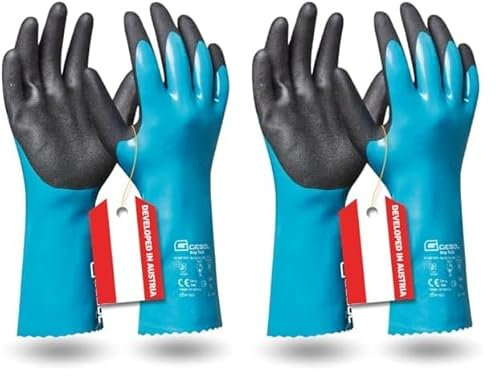 Gebol Grip Tech, lange Gummihandschuhe mit Chemikalienschutz, wasserfeste Nitrilhandschuhe zum Schutz vor Putzmittel, Säure, Fett & Öl, Arbeitshandschuhe mit sicherem Grip, Gr. L (Gr. 9), Blau