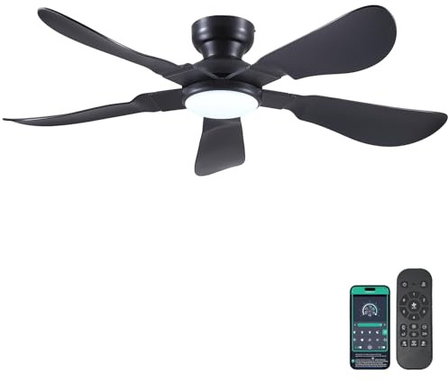 Kviflon 52 Inch Modern Ceiling Fans with Lights, Flush Mount Ceiling Fan with Light and Remote/APP Control, 5 Reversible 6 Speeds Curved Blades, 3 CCT Dimmable Lights for Bedroom, Black