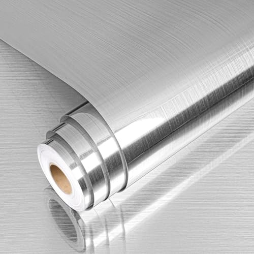 YENHOME Carta da Parati Adesiva per Cucina Argento Effetto Metallico 40x500cm Pellicole per Mobili Argento Carta Autoadesiva per Mobili Frigoriferi Lavastoviglie a Prova di Olio Impermeabile