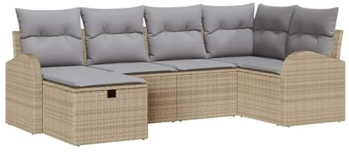 vidaXL 6-teiliges Garten-Sofaset mit Kissen in Beige und Grau, modernes Rattanmöbel für Leute, Patio-Sitz, Terrasse, Komfort, Rückzugsort, Liege, modular