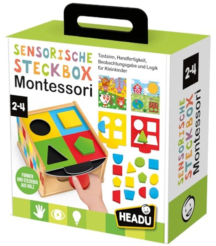 Headu Montessori Steckbox Holz sensorisches Lernspiel Holzspielzeug ab 2 | Formen ertasten, vergleichen und einsetzen. Schärft Beobachtungsgabe und logisches Denken. Ideal für Krippe und Kita ab 2
