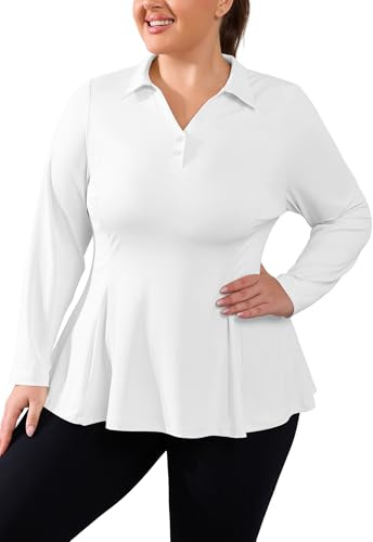 FOREYOND Women's Plus Size Golf Polo Shirt Long Sleeve Collared Workout Tops V-Neck Lightweight Athletic Shirts 2-Buttons
