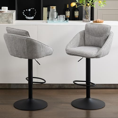 DAYALANE Barhocker 2er Set, Bar Stools drehbar & Höhenverstellbar, Grau | Barstuhl mit Lehne, Tresenhocker aus Leinen, Bistrohocker Küchenhocker für Esszimmer Bar& Café