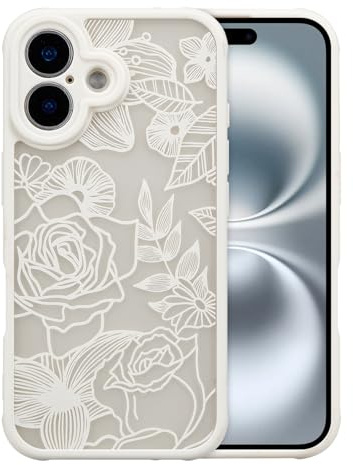 XIZYO Niedlich Rose Blume Hülle für iPhone 16 6,1 Zoll, Weiß | Ästhetisch Floral Muster, Luxus Vintage Mädchen Stil, Schlanke Dünne, Matt Transluzent Gestaltung, Stoßfest Anti-Gelb