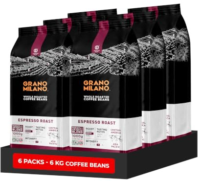 Grano Milano Espresso Roast Coffee Beans 6kg, Medium Roast | Intensity 4/5, Full-Bodied, 80% Robusta, 6 x 1kg Bags, Made in Italy, Packaging May Vary