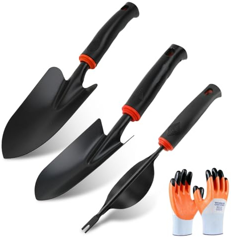 XHYASD 3 Stück Gartengerät Set Kohlenstoffstahl mit Handschuhen | Kohlenstoffstahl und Gummi, 3 Werkzeuge, ergonomischer Griff, inklusive Gartenhandschuhen
