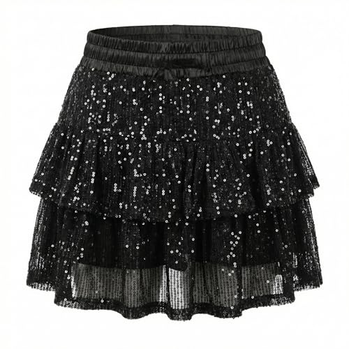 Zidoley Glitzer Rock Pailettenrock für Damen Dehnbare High-Waist Skirt mit Pailletten für Party Rave Outfit Karneval (S, Schwarz)