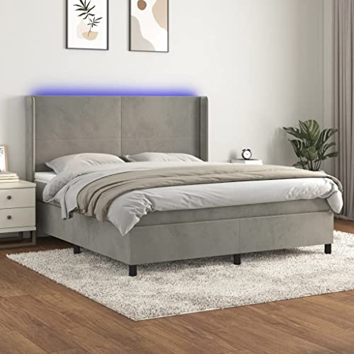 QUAHEAS Boxspringbett mit Matratze, LED & Samt in Hellgrau 180x200 cm, höhenverstellbares Kopfteil für erholsamen Schlaf und modernes Schlafzimmer