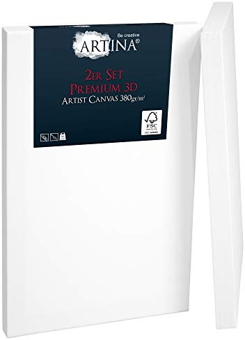 Artina Lot de 2 Canvas Toile Peinture 40x50cm – FSC® Châssis Bois pour 3D Toile Blanche 100% de Coton sans Acide – Encadré Stable Apprêté 3 Fois 380 g/m²