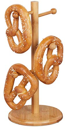 Relaxdays Brezelständer aus Bambus, 6-armig, Höhe 35 cm, auch als Wurstständer oder Tassenhalter, Brezelbaum Holz, natur, 35 x 17.5 x 17.5 cm, Hellbraun