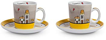 Egan Set 2 Tazze caffè con piattini Collezione Le Casette. Oggetto Realizzato in Porcellana di Colore Giallo e Bianco e Multicolore. La referenza è PLC02/1G