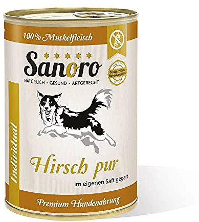 Sanoro Hirsch pur 100% Muskelfleischanteil, salzfrei - Premium-Hundefutter - Fleisch pur - singleprotein (12 x 400 g).