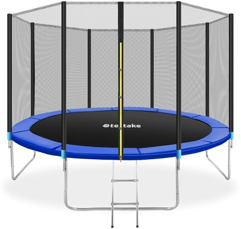 tectake® Outdoor Trampoline for Kids & Adults - Robust Sports Equipment with Tear-Resistant Net, Strong Springs, Stable Frame, Safety Enclosure, Edge Cover, Ladder - Weather Resistant - 13ft / 4m