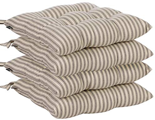 Dibor Striped Seat Pad Set - 4 Grey Stripe Dining Chair Cushions | Machine Washable, Tie-On, 100% Cotton, Recycled Polyester Fibre Filling