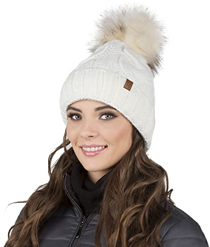 VIVISENCE Wintermütze Mit Bommel Damen Perfekte Passform Warmes Strickmütze Herbst Frauen Mütze Für Winter Aufgerolltem Design Für Extra Wärme Ideal Für Kalte Wintertage Modell, Ecru,Einheitsgröße