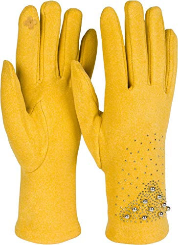 styleBREAKER Guantes para damas con pantalla táctil con strass y perlas, forro polar, guantes de abrigo, invierno 09010035, color:Mostaza