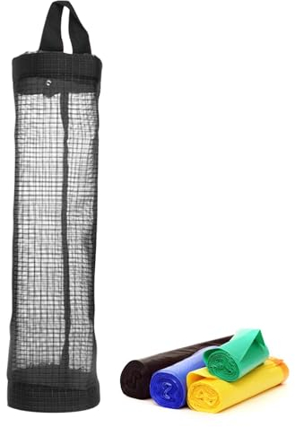 Soporte de Pared Negro para Bolsas de Basura, Malla de Poliéster Dispensador de Bolsas de Plástico, Organizador de Bolsas de Basura de cocina para colgar