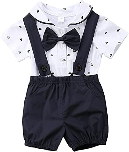 Geagodelia 2 Pezzi Completo Neonato Estivo Gentiluomo Polo Tutina Manica Corta+Pantaloncini con Bretelle Abiti da Battesimo in Cotone Tuta Bambino Elegante (nero, 12-18 mesi)