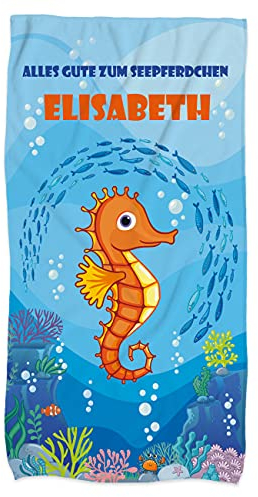 Herz & Heim® XL Strandtuch für Kinder mit Seepferdchen Motiv, Name und Wunschtext 180 x 100 cm (H/B)