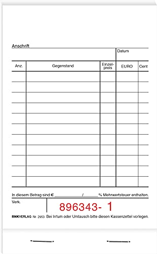 RNKVERLAG - Kassenblock für Registrierkassen, einfarbig, schwarz/rot, mit Nummerierung, unten geheftet, perforiert, 2 x 50 Blatt, 96 x 167 mm, 10 Stück