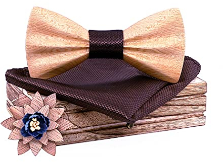 HZQIFEI Jeu de Nœud Papillon en Bois, Noeud Papillon Bois avec Carré de Tissu et Broche en Bois pour Cadeau, Réception, Mariage (C14, 3Pcs)