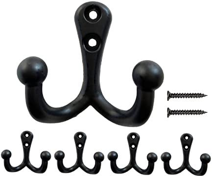 Beilala Coat Hooks for Door Wall, 5 Pack Black Heavy Duty Double Prong Robe Hook with Screws for Bedroom Bathroom Kitchen Garage Toilet Office Shop