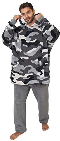 Dreamscene Camo Oversized Hoodie Blanket Soft Plush Sherpa Fleece Wearable Warm Throw Cosy Giant Men Jacket - Charcoal Grey White