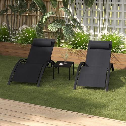 PURPLE LEAF 2 Transats Piscine Aluminium Jardin Extérieur Noir avec Table | Résistant aux intempéries, Toile textilène respirante et résistante, Dossier réglable 5 positions, Bain de Soleil, Piscine