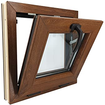 ECOPROF Kipp - Kellerfenster | Kunststoff Fenster | Gartenhaus Fenster | Maße: 50x50 cm (500x500 mm) | Farbe: Goldene Eiche (beidenseitig) | 70mm Profil