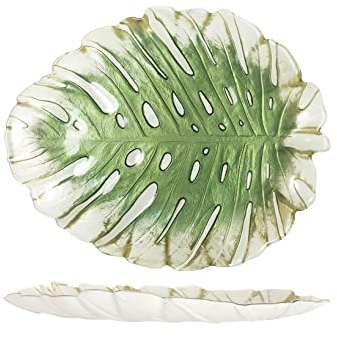H&H Jungle Piatto in Vetro, Decoro Foglie, 33x26,5cm, Ideale Centrotavola, Piatto da Portata
