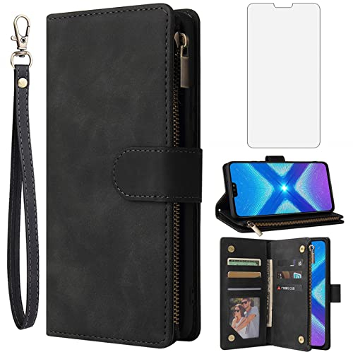 Asuwish Handyhülle für Huawei Honor 8X Hülle mit Folie Schutzfolie und Kartenfach Klappbar Leder Geldbörse Ständer Reißverschluss Hawaii Honor8X 5G JSN-L21 Handy Hüllen Schutzhülle Phone Case Schwarz