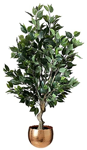 Leaf Realistic Artificial Tree with Planter, Mixed Materials, Dark Bushy Ficus Copper Curve, 100cm