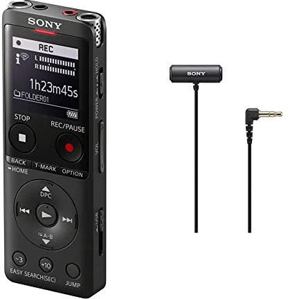 Sony ICD-UX570 Registratore Vocale Stereo, Display OLED, Riduzione Rumori Sottofondo, Altoparlante Integrato, Nero & ECM-LV1 - Microfono Lavalier con Stereo Sound Capture