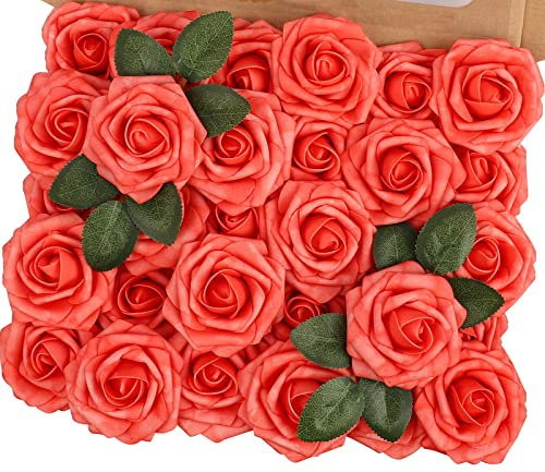 MACTING 30 Stück künstliche Rosen, fühlen sich echt an als Muttertagsgeschenk, DIY-Blumensträuße, Hochzeitsfeier, Babyparty, Zuhause, Weihnachtsbaumdekoration (korallenrot)