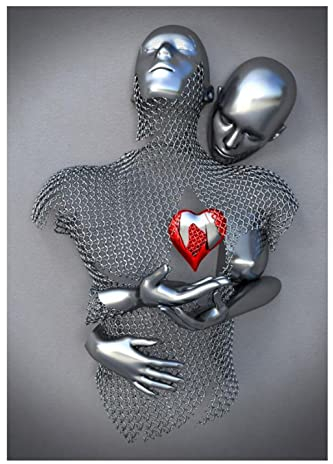 Bild Leinwand Liebe Herz 3D Effekt Grau Kunst, Abstrakte Paar Metallfigur Skulptur Wand bilder, Poster Wanddeko Wohnzimmer,A,60x80cm No Frame