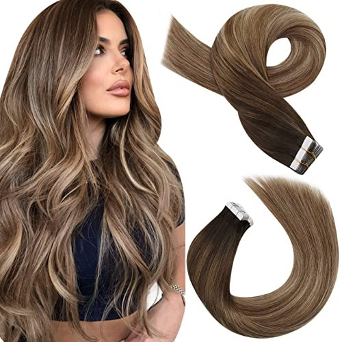Moresoo Tape in Hair Extensions Human Hair Balayage Dark Brown to lightest Brown with Golden Blonde Hair Extensions Tape in Real Remy Human Hair Short 14inch 20pcs/50G #4/10/16