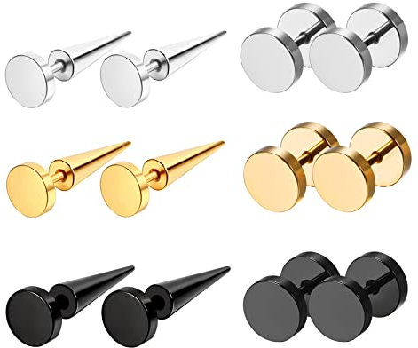 JewelryWe Pendientes Minimalistas con Pinchos, Pendientes de Acero Inoxidable con Pinchos, Pendientes Unisex con Personalidad Hip Hop y Estilo Punk, 6 Pares/Oro/Plata/Negro