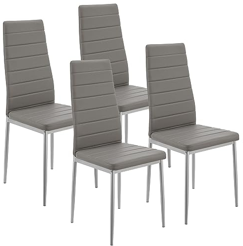 Juskys Esszimmerstühle Loja 4er Set mit Kunstleder Bezug & hoher Rückenlehne - stabiles Stahl Gestell bis 120 kg belastbar - 4 Stühle für Esszimmer & Küche - Küchenstühle Esszimmerstuhl - Grau