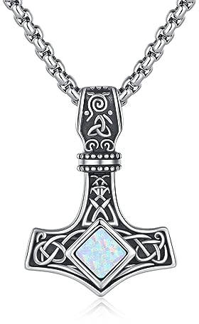ZIPPICE Thors Hammer Halskette 925 Sterling Silber Wikinger Keltischer Kette Mjölnir Anhänger Nordische Wikinger Anhänger Unisex Schmuck Schmuck Geschenk für Damen Frauen Mama Freundin (Opal)
