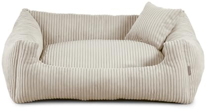 Gutekissen® Hundebett aus weichem Material, gefüllt mit Polyurethanschaumstoff, Geripptes Material, schmutzabweisend, Farb- und Größenwahl, inklusive kleines Kissen. (S - 65x55, Beige)