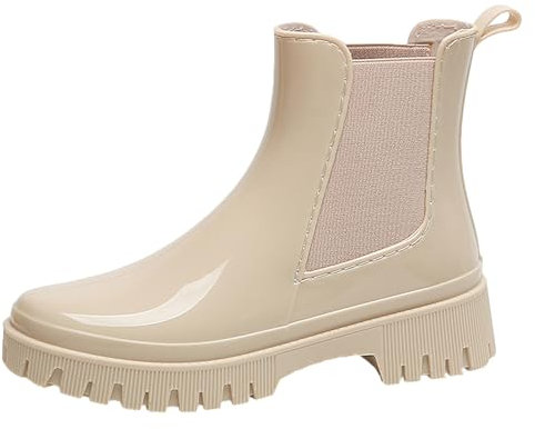 Jamrom Donna Moda Stivaletti Chelsea Stivali da Pioggia Tacco Grosso Stivali di Gomma Beige SN0708183 EU36