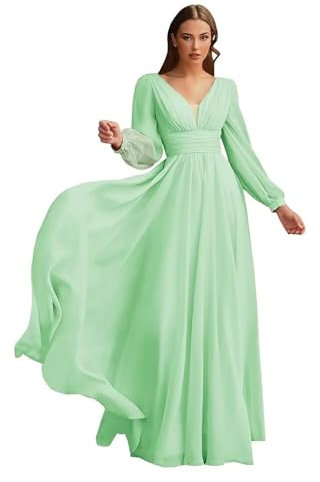 HYEC7 Long Sleeve Chiffon Bridesmaid Dresses Empire Waist V-Neck Formal Dresses A-Line Pleated Evening Gowns with Pockets Sage Green