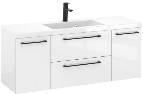 Furni Rosen 120 cm Hängend Waschbecken mit Unterschrank und Stilvollen Schwarzen Griffen Waschbeckenunterschrank Badezimmer Waschtisch mit Unterschrank Waschtischunterschrank