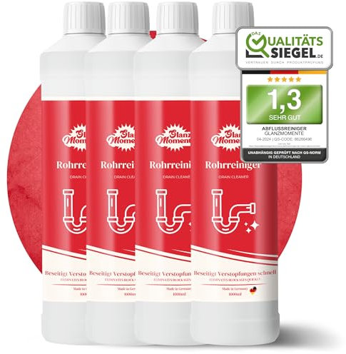 GLANZMOMENTE® Rohrreiniger 4x1000ml – POWER FORMEL – Rohrfrei Extra Stark – Gegen Haare und Rohrschlamm – Materialschonend – Drain Cleaner – Abflussfrei - Verstopfung Abfluss – Made in Germany