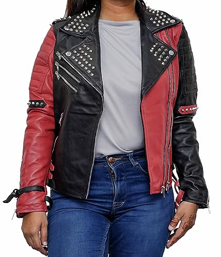 Aksah Fashion Damen HQ Biker-Lederjacke mit Nieten in Schwarz und Rot | Birds of Joker Quinn Spiked Funky Lederjacke Kostüm