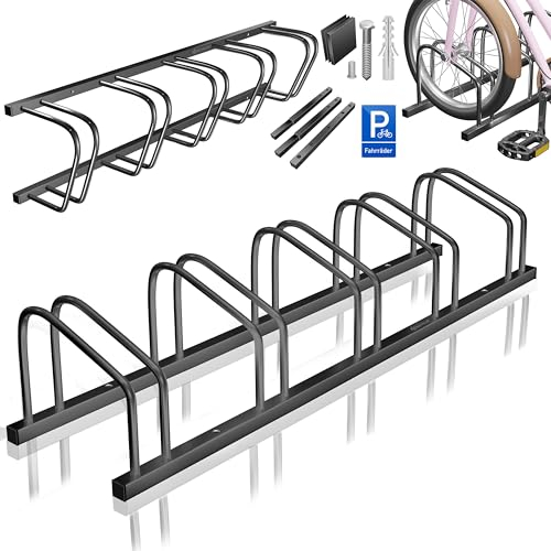 KESSER® Râtelier à vélos pour 5 vélos avec panneau de stationnement | Support multiple avec espacement des roues de 37 cm pour largeur de pneu de 30 à 65 mm | Support de vélo pour montage au sol ou